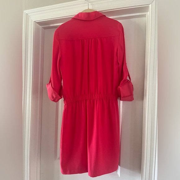 Bright pink Trina Turk shirt dress with button and drawstring.  Size small - Picture 4 of 6